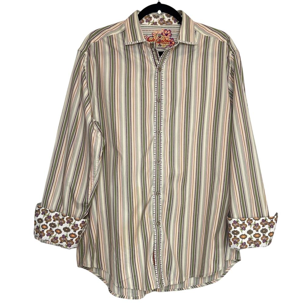 Robert Graham Shirt Mens Size L Purple Green Beige Stripe Long Sleeve Flip Cuff